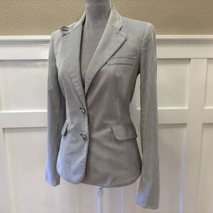 MNG by Mango White/Navy Striped Blazer Size:8 Cotton Pockets Women
